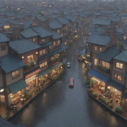 3D representation of a crowded city during a rainy day, embodying the unique cozy and atmospheric aesthetic of Studio Ghibli.