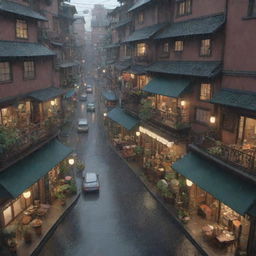 3D representation of a crowded city during a rainy day, embodying the unique cozy and atmospheric aesthetic of Studio Ghibli.