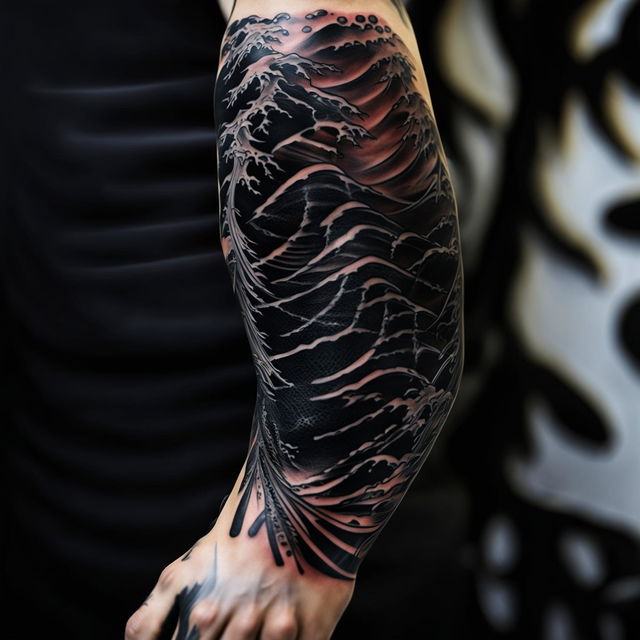 Close-up photo of a Yakuza-style tattoo sleeve with asymmetrical black waves.