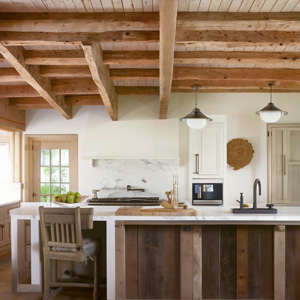 Contemporary French country kitchen with warm wood tones, rustic fixtures, and farmhouse details, complemented with a simple ceiling featuring recessed lighting.