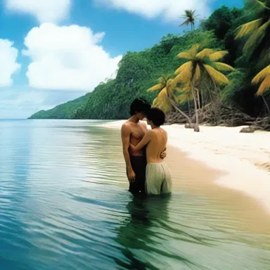 In the movie, the protagonist's sudden displacement to a beautiful, secluded island became the setting for their romantic rendezvous.
