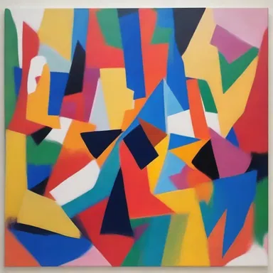 The painting showcased an abstract representation of displacement through vibrant colors and distorted shapes.