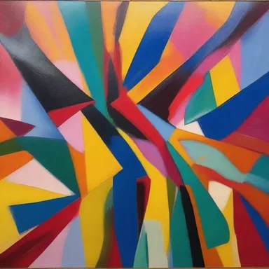 The painting showcased an abstract representation of displacement through vibrant colors and distorted shapes.