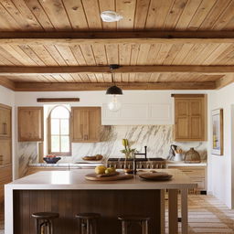 Contemporary French country kitchen with warm wood tones, rustic fixtures, and farmhouse details, complemented with a simple ceiling featuring recessed lighting.