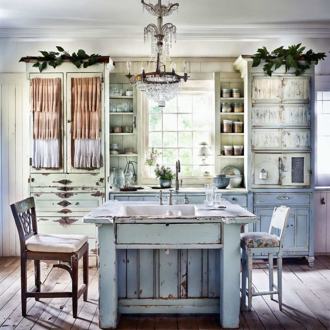 A shabby chic kitchen bathed in soft whites and pastels, featuring distressed furniture, a farmhouse sink, mismatched dishes on open shelves, and an island with a worn wooden top. A vintage refrigerator and an ornate chandelier add character to the space.