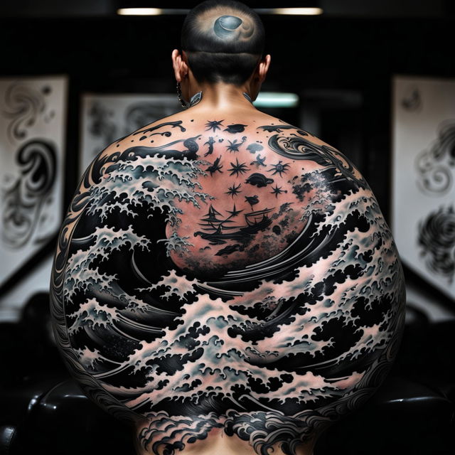 Full-body Yakuza-style tattoo depicting a dramatic night seascape with black waves and a serene moon.