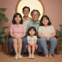 3D representation of a Studio Ghibli-style happy and wholesome family portrait, radiating a warm aesthetic.