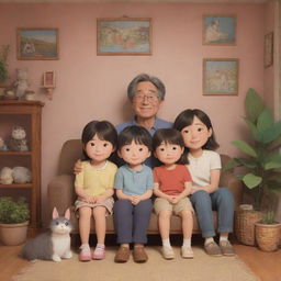 3D representation of a Studio Ghibli-style happy and wholesome family portrait, radiating a warm aesthetic.