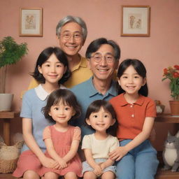 3D representation of a Studio Ghibli-style happy and wholesome family portrait, radiating a warm aesthetic.