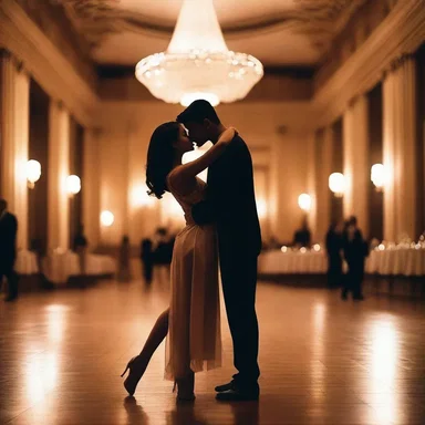 They gazed into each other's eyes, their lips meeting in a passionate kiss, as they danced on the bottommost floor of the dimly lit ballroom.