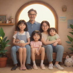 3D representation of a Studio Ghibli-style happy and wholesome family portrait, radiating a warm aesthetic.