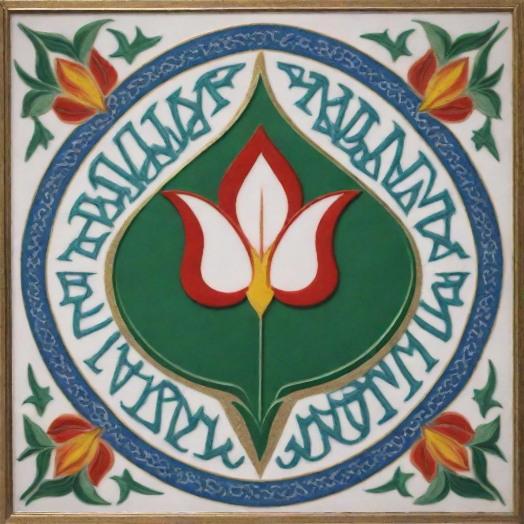 National emblem of Iran, featuring a stylized Arabic script, two four pointed stars, along with a tulip shape, in an intricate geometric pattern, all in vibrant colors with a white background.