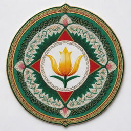 National emblem of Iran, featuring a stylized Arabic script, two four pointed stars, along with a tulip shape, in an intricate geometric pattern, all in vibrant colors with a white background.