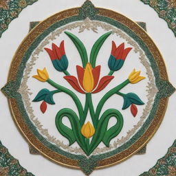 National emblem of Iran, featuring a stylized Arabic script, two four pointed stars, along with a tulip shape, in an intricate geometric pattern, all in vibrant colors with a white background.