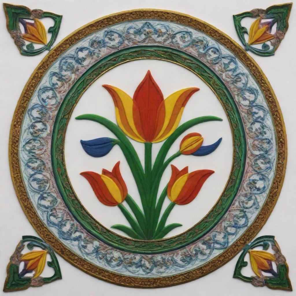 National emblem of Iran, featuring a stylized Arabic script, two four pointed stars, along with a tulip shape, in an intricate geometric pattern, all in vibrant colors with a white background.