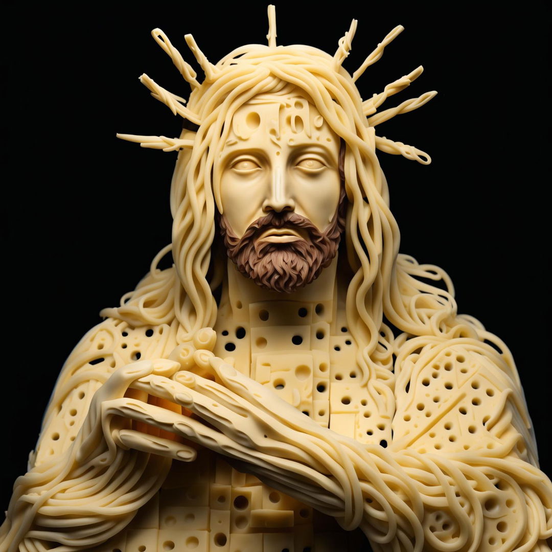 A digital art depiction of Jesus Christ crafted entirely from Swiss cheese, with added cheese-related details.