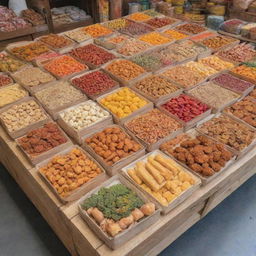 Generate an image of traditional marketplace snacks, full of colorful treats, savory snacks and fresh food stalls