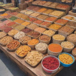 Generate an image of traditional marketplace snacks, full of colorful treats, savory snacks and fresh food stalls