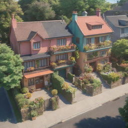 3D representation of a vibrant Studio Ghibli-style neighbourhood on a sunny day, filled with happy vibes and a floral aesthetic.