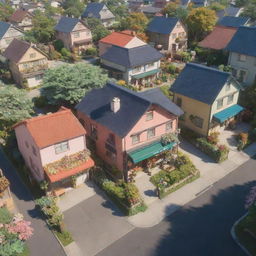 3D representation of a vibrant Studio Ghibli-style neighbourhood on a sunny day, filled with happy vibes and a floral aesthetic.