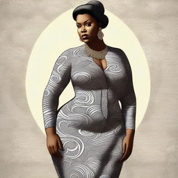 A digital art of a voluptuous woman exuding confidence and charm