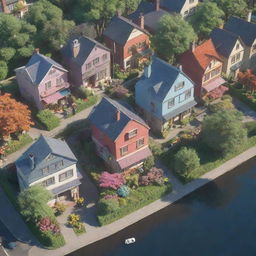 3D representation of a vibrant Studio Ghibli-style neighbourhood on a sunny day, filled with happy vibes and a floral aesthetic.