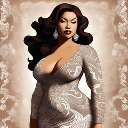 A digital art of a voluptuous woman exuding confidence and charm