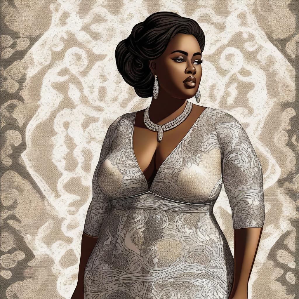 A digital art of a voluptuous woman exuding confidence and charm