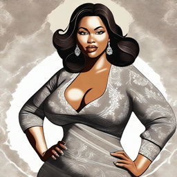 A digital art of a voluptuous woman exuding confidence and charm