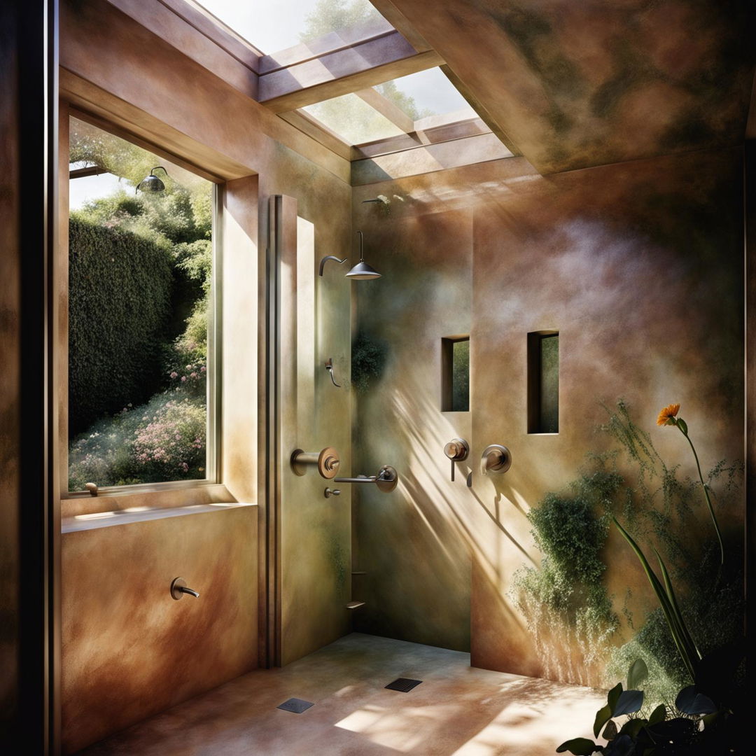 A luxurious bathroom featuring a Venetian plaster shower under a skylight, with a large window offering a view of a vibrant garden.