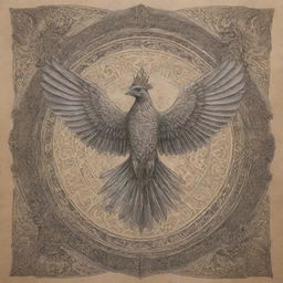 A tattoo design featuring the Faravahar, a prominent Zoroastrian symbol representing Zarathustra, executed with intricate detail and placed within a background of Persian patterns and motifs.