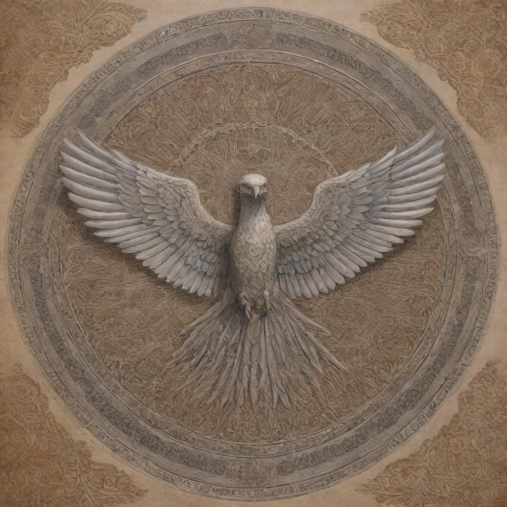 A tattoo design featuring the Faravahar, a prominent Zoroastrian symbol representing Zarathustra, executed with intricate detail and placed within a background of Persian patterns and motifs.