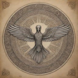 A tattoo design featuring the Faravahar, a prominent Zoroastrian symbol representing Zarathustra, executed with intricate detail and placed within a background of Persian patterns and motifs.