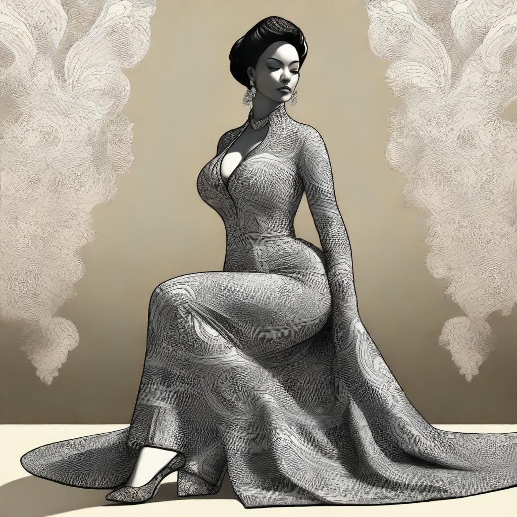 An image of a glamorous woman with a voluptuous figure, kneeling in a confident pose