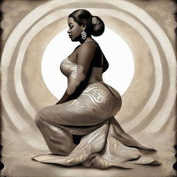 An image of a glamorous woman with a voluptuous figure, kneeling in a confident pose