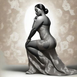 An image of a glamorous woman with a voluptuous figure, kneeling in a confident pose