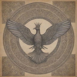 A tattoo design featuring the Faravahar, a prominent Zoroastrian symbol representing Zarathustra, executed with intricate detail and placed within a background of Persian patterns and motifs.