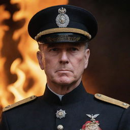 A military leader wearing a bat emblem on his hat, standing against a backdrop of intense, crackling fire