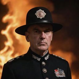 A military leader wearing a bat emblem on his hat, standing against a backdrop of intense, crackling fire