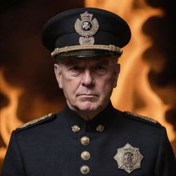 A military leader wearing a bat emblem on his hat, standing against a backdrop of intense, crackling fire