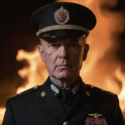 A military leader wearing a bat emblem on his hat, standing against a backdrop of intense, crackling fire