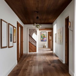 An aesthetically pleasing hallway adorned with rustic hardwood floors and an elegant gallery wall radiating warmth and architectural finesse.