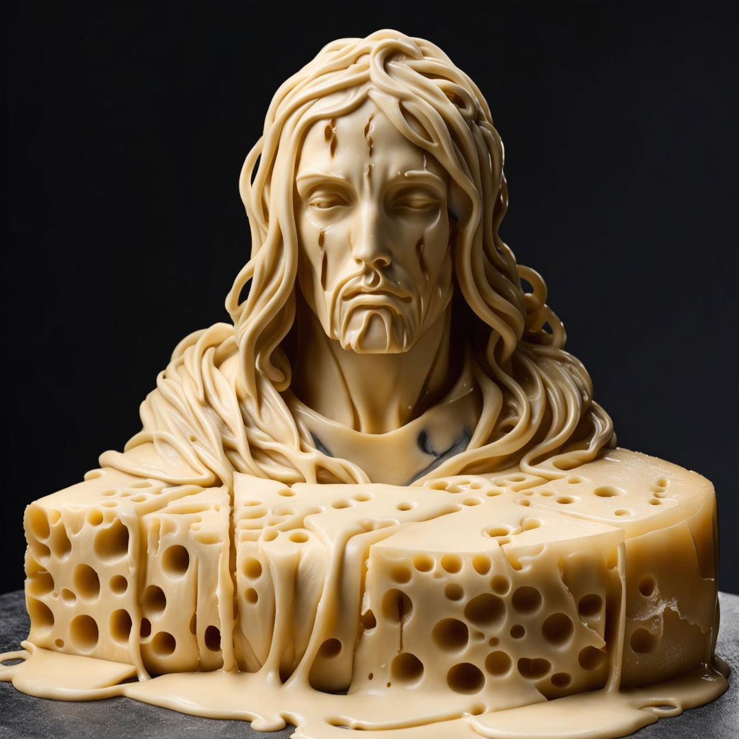 A realistic sculpture of Jesus Christ made entirely from melting Swiss cheese, complete with characteristic holes.