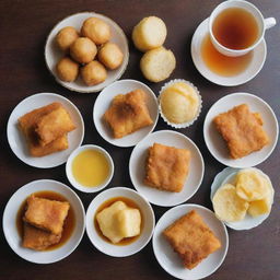 Generate an image of traditional Indonesian market snacks such as steamed cake (bolu kukus), jelly, battered and fried tempe (mendoan), and iced lemon tea.