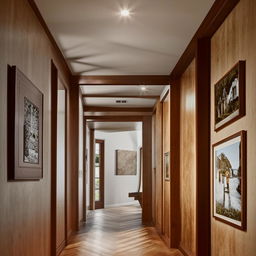 An aesthetically pleasing hallway adorned with rustic hardwood floors and an elegant gallery wall radiating warmth and architectural finesse.