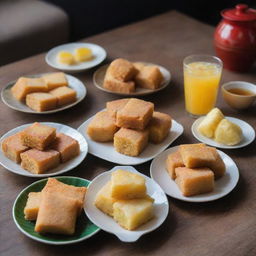 Generate an image of traditional Indonesian market snacks such as steamed cake (bolu kukus), jelly, battered and fried tempe (mendoan), and iced lemon tea.