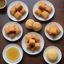 Generate an image of traditional Indonesian market snacks such as steamed cake (bolu kukus), jelly, battered and fried tempe (mendoan), and iced lemon tea.