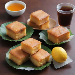 Generate an image of traditional Indonesian market snacks such as steamed cake (bolu kukus), jelly, battered and fried tempe (mendoan), and iced lemon tea.