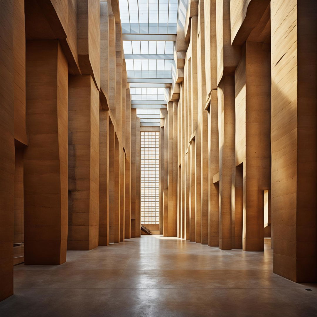 A grand gallery space with towering sandstone walls under geometric skylights that allow shards of sunlight to create a dramatic play of light and shadow.