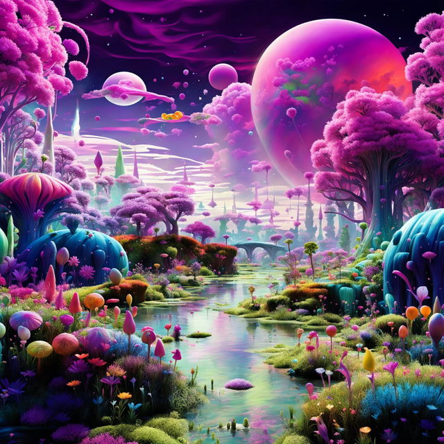 High-resolution CGI art of a vibrant alien world with pink clouds, a purple river, multicoloured nature, and various creatures including adorable fluffy martians bouncing around.